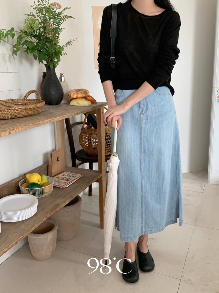 [Beige - order Korea 🇰🇷] Ice Slit Denim Long Skirt